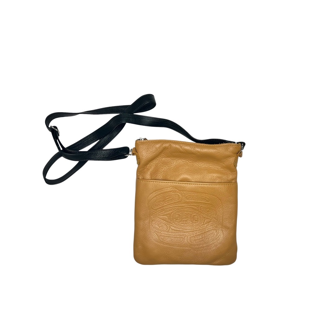 Spirit of the Wild Tan Leather Indigenous Art Embossed Crossbody Bag Canada